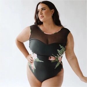 Albion The Maria One-Piece Carolina Black Floral Mesh Sweetheart size XXL NWOT